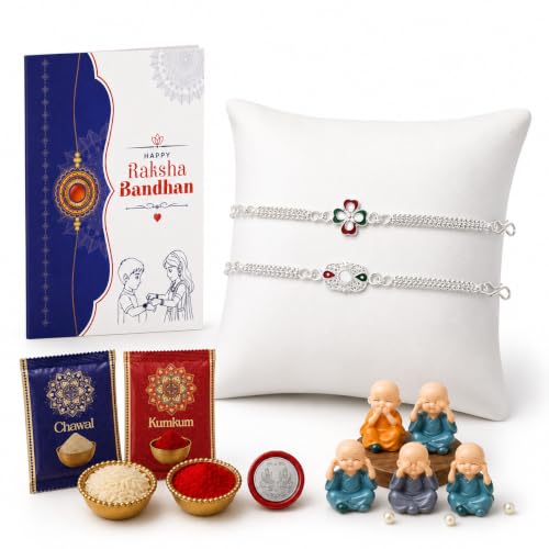Image of Oblivion Designer Rakhi Set for Brother - Meenakari Flower & Crystal Oval Silver Rakhis with Baby Buddha & Complete Pooja Essentials