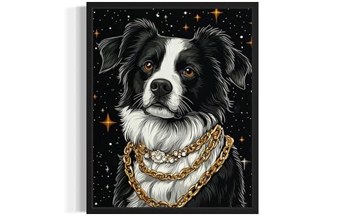 Image of Border Collie Pimp Black Framed Wall Art Print Poster, Dog Pet Lover Picture Painting Artwork Bedroom Living Room Office Dining Room 150D (Border Collie Pimp, 10 inch L x 8 inch W, Black Frame)