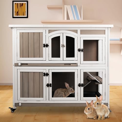 PetsCosset 42.7" L Rabbit Hutch Indoor Outdoor 2-Story Rabbit Cage with 4 Wheels,Guinea Pig Cage Bunny Hutch with 2 Pull Out Trays,Bunny Cage with Asp