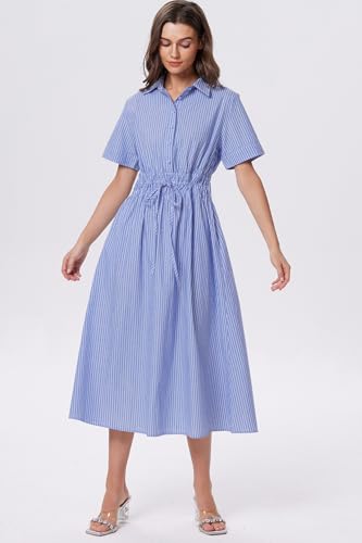 Image of Ladyful Women Casual Button Down Short Sleeve Shirt Dress Tie Waist Midi Shirt Dress Elegant Business Party