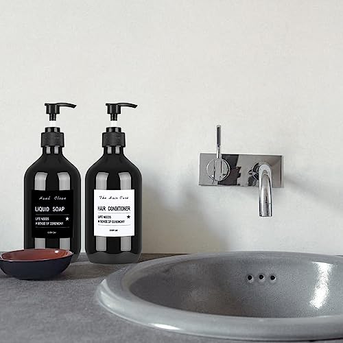 4 Stück Nachfüllbare Leere Shampooflaschen, 500 ml Seifenspender Flaschen, Kunststoff Pumpflaschen Lotionspender für Flüssigseife Shampoo Conditioner Duschgel, Aufkleber. (Schwarz)