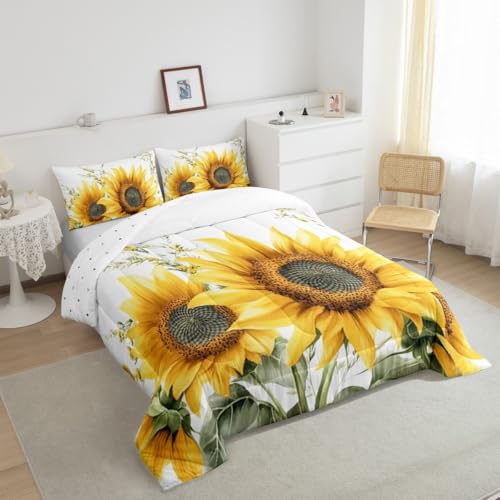 Image of Feelyou Sunflower Comforter Set Watercolor Botanical Branches Kids Comforter for Boys Girls Floral Print Bedding Set Nature Duvet Set Room Decor Quilt Queen Size Boys