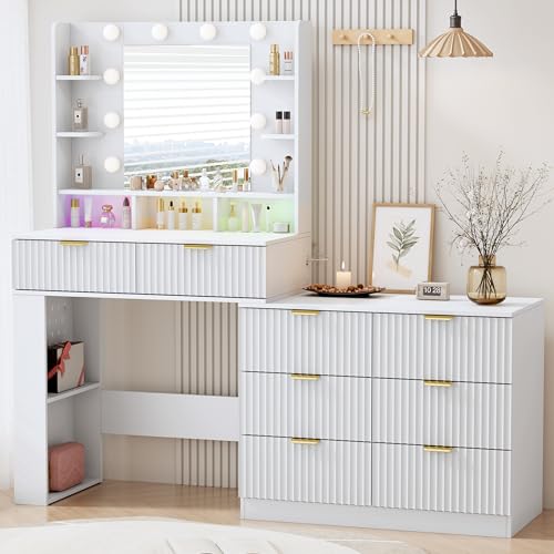 Image of Vanity Desk with Mirror and Lights, Fluted Makeup Vanity with 8 Drawers, Storage Shelves, RGB Light and Power Outlet, Bedroom Dessing Table for Women, Girls, White,56.7 inch