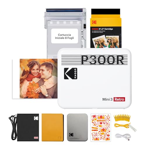 KODAK Mini 3 Retro, stampante fotografica portatile, stampa veloce, foto HD, 54 x 86 mm, Bluetooth, compatibile con iOS e Android, confezione con 68 fogli fotografici, colore: bianco.