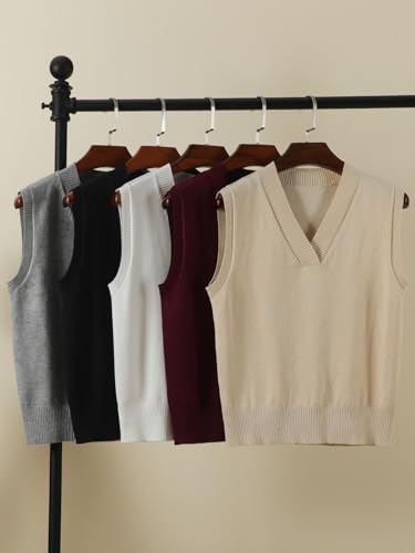 Image of Wowcarbazole Women's V Neck Sweater Vest Sleeveless Ribbed Knit Pullover JK Uniform Classic Basic Tank Tops