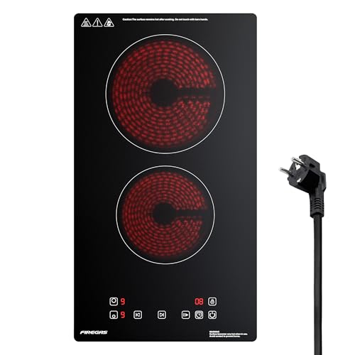 FIREGAS Placa Vitrocerámica 2 Fuegos Eléctrica 3000W, 9 Niveles, Control Táctil, Temporizador 1–99 Min, Bloqueo Infantil, Protección Sobrecalentamiento, Indicador Calor Residual, 29 cm