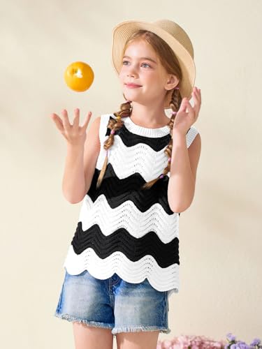 Haloumoning Girls Knit Crop Tank Tops Kids Color Block Scalloped Hem Vest Shirts 5-14 Years3