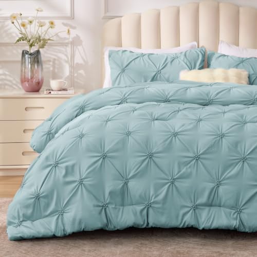 Image of BEDELITE Queen Comforter Set Dusty Blue,Lightweight & Soft Comforter | Pintuck Boho Bedding, Warm & Cute Bed Set for All Season,With 2 Pillowcases