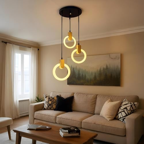 Image of Lampmaster 3-Ring LED Pendant Light | Modern Hanging Ceiling Lamp with Wooden Accent & Warm White Glow | Decorative Chandelier for Living Room, Dining Room, Bedroom, Restaurants & Cafe Interior