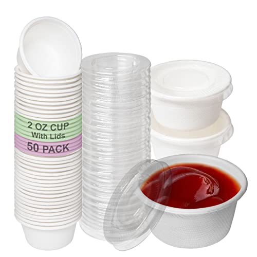EcoQuality 2 Oz Compostable Portion Cups with Lids - Condiment Souffle Cups with Lid - Biodegradable Sauce Cups - Disposable Sample Cups, Slime, Jello Shot Cups, Food Storage, Takeout, Dressing (100)