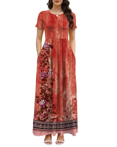 Image of COSSEN Women's Crew Neck Short Sleeve Maxi Dress with Pockets Casual Loose Swing for Wedding Guest Beach Vacation