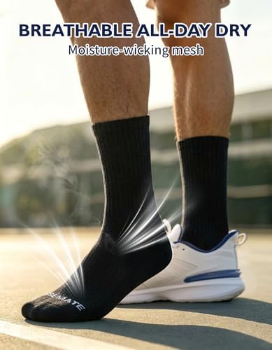 CLOSEMATE Men's Moisture-Wicking Cushioned Performance Socks Athletic Crew Socks for Basketball, Running, Gym Work, and Daily Activities 6 Pairs(3 Black 3 White, Size M) - 4