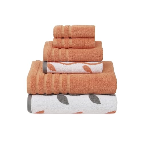 Modern Threads Organic Vines 6-Piece 100% Cotton Towel Set – Yarn Dyed Jacquard & Solid – Includes 2 Bath Towels, 2 Hand Towels, 2 Washcloths – Absorbent, Quick Dry, Soft & Durable – Orange