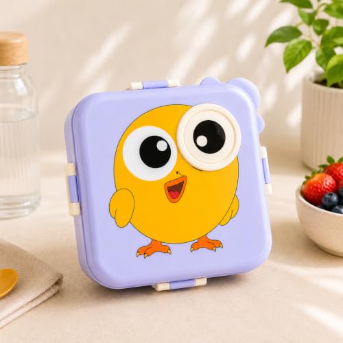Image of Homy Super Bite Buddy Cartoon Kids Lunch Box with Compartments - Air Vent, Spoon, Sauce Container & Stainless Steel Tray - Purple Chick Design (1100ml+50ml) (Purple)