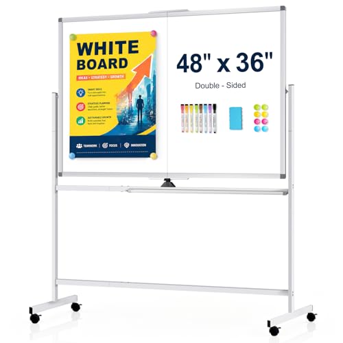 Image of Rolling Whiteboard on Wheels, 48 inch x 36 inch Standing Dry Erase Board | 4' x 3' Sturdy Double-Sided Magnetic White Board, Big Mobile Easel Whiteboard Office, Classroom, School