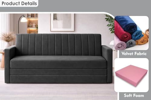 Image of Rosebell Foldable Sofa-Cum-Bed | Three-in-One Sofa Couch with Armrest | Modern Fabric Sofa for Living Room, Bedroom & Office-Black-Color