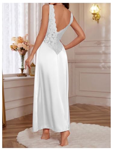 WDIRARA Women's Lace Backless Sexy Long Satin Sleepwear Deep V Neck Sleeveless Nightgown2