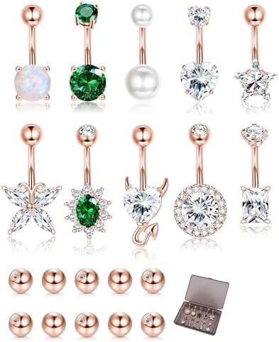 9/10PCS Surgical Stainless Steel Hypoallergenic Belly Button Rings with Extra Replacement Balls, Trendy Dangle Belly Button Piercing Jewelry for Women, 14G - Silver/Gold/Rose Gold