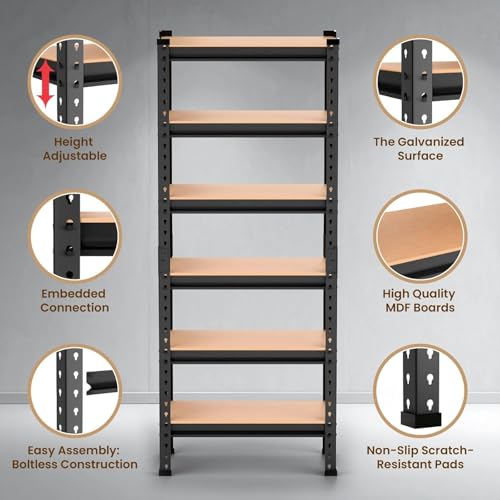 Image of 6 Tier Heavy Duty Storage Rack - Boltless Metal Shelving Unit with Adjustable Shelves, Powder Coated Steel Frame, MDF Board Shelves for Garage, Warehouse, Kitchen & Office Storage (6 SHELFF)