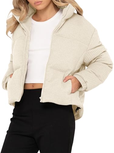 Tankaneo Women's Waffle Crop Puffer Jackets Stand Collar Long Sleeve Padded Winter Outerwear2