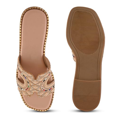 Image of Centrino Women's Beaded Flat Sandals | Stylish Gold Crystal Slip-On with Ornate Cutout Design | Soft Cushioned Footbed |Elegant & Trendy Open Toe Slip-On | Luxury Footwear for Wedding /Party (9301)