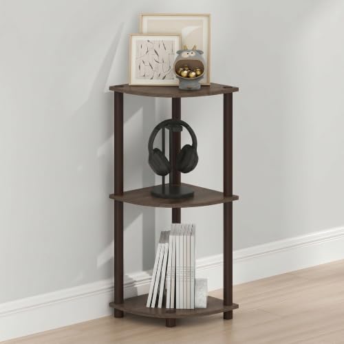 Image of Furinno Turn-N-Tube Toolless Assembly 3-Tier Storage Shelves, Walnut | Black Corner Shelf, Open Storage Book Shelf, for Organization and Storage, Living Room, Home Office, Bedroom