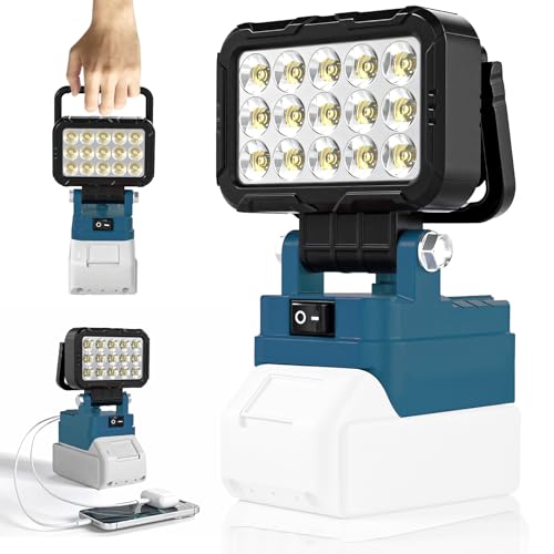 LED Cordless Work Light Compatible with Makita 18V Battery Portable Flashlight Jobsite Spotlight 2 USB Charging Port 145 Adjustable Angle Repairing Camping Fishing Emergency(No Battery)