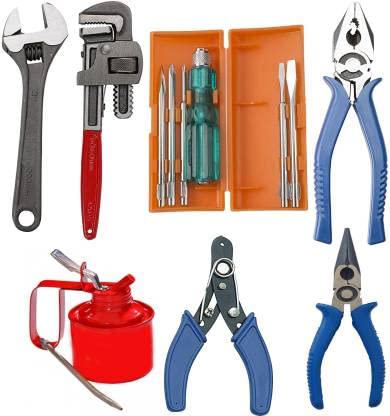 OneStopShop Pack of 7 Tool Kits Set for Home (Contains Wire Stripper, 8 Inch Combination Plier, 10 Inch Pipe Wrench, Adjustable Spanner, Screwdriver, Nose Plier, Oil Can)