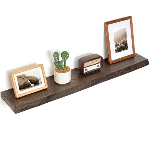 Image of Floating Shelves for Wall Decor, Rustic Solid Elm Wood Live Edge Floating Shelves Wall Mounted, Wall Shelves with Invisible Bracket for Living Room Bathroom Bedroom Kitchen, 40 Inch Set of 1, Walnut