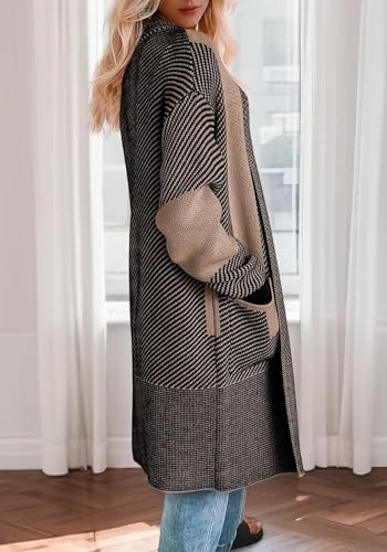 Women 2025 Fall Knit Cardigan Sweaters,Open Front Long Sleeve Striped Colorblock Coats with Pockets3