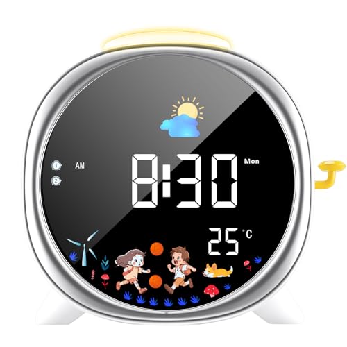LIORQUE Reveil Enfant Educatif Jour/Nuit, Réveil Enfant avec Veilleuse,Deux Alarmes,Fonction Snooze,Réveil Rechargeable d'entraînement au Sommeil pour Garçons Filles