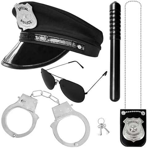 Bvrbaory 5PCS Police Pretend Costume Accessories,Police Pretend Play Toy Set for Kids,Mens Police Officer Accessory with Policeman Hat,Sunglass Handcuffs for Halloween Dress Up Costumes Cover