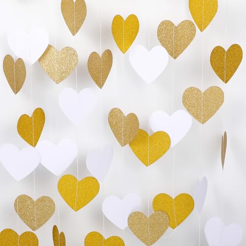 Nogeqi 52Ft Heart Garland 4 Pcs White-Gold Champagne Valentines Party-Decorations Heart Streamers Garland Glitter for Valetines Balentines Christmas Wedding Birthday Baby Bridal Shower Bachelorette