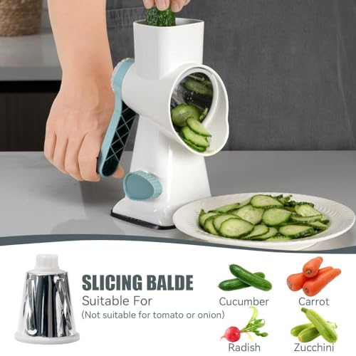 Image of KEOUKE Rotary Cheese Grater Hand Crank White - Shredder Slicer Grinder 3 Stainless Steel Blades, Stable Suction, Labor-Saving Handle, Safe Kitchen Tool for Cheese, Vegetable, Nuts, Chocolate