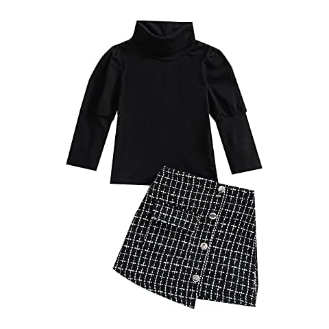 Kupretty Toddler Baby Girl Fall Winter Clothes Turtleneck Solid Knit Pullover Tops Plaid Button A-Line Skirts Set Outfits (Black Plaid Skirt Set, 2-3T) Cover