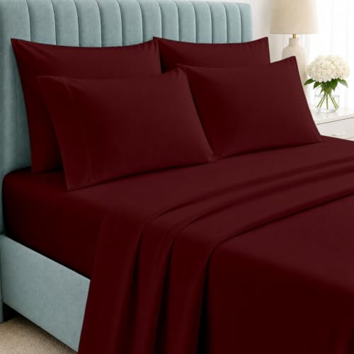 Shreem Linen 6 Piece Queen Sheet Set - 100% Egyptian Cotton Sheets, Hotel Luxury Bedding, 18" Deep Pocket, Cooling Soft Breathable Bed Sheets with 4 Pillowcases, Burgundy Solid
