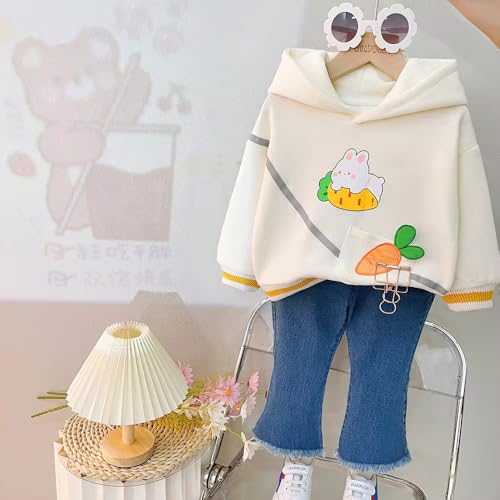 Image of Bold N Elegant Girl's Denim Solid Full Sleeve Bunny Print Sweatshirt Hoodie And Jeans With Frayed Hem