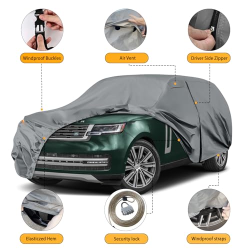 Image of Waterproof Premium Car Covers Replace for 2014-2025 Land Rover Range Rover LWB, 10 Layers Heavy Duty All Weather Car Cover with Zipper Door, Windproof Bands for Snow Rain Dust Protection