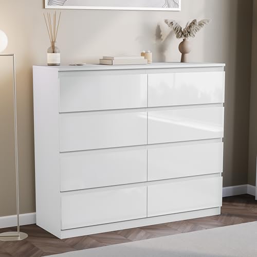 Vida Designs Glinton High Gloss Chest of Drawer, 100% FSC Certified Chest of Drawers for Clothes - Closet Organizers and Storage Cabinet for Hallway, Entryway (White, 8 Drawer)