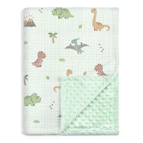 Image of SANDJEST Dinosaur Minky Muslin & Dotted Blanket 30x40 in Gift for Holiday, Gender Reveal Party, Hospital Visit, Baptism