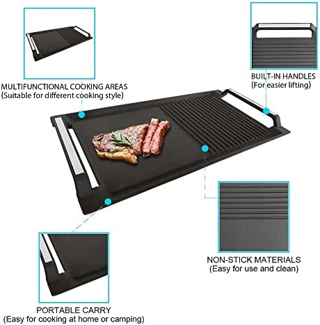 Griddle Pan, Cast Iron Grill Pan, Rectangular Grill, 2 Handles,Griddle with Flat and Ridged Surface for Induction Hob Open Fire Oven Electric Cooktop