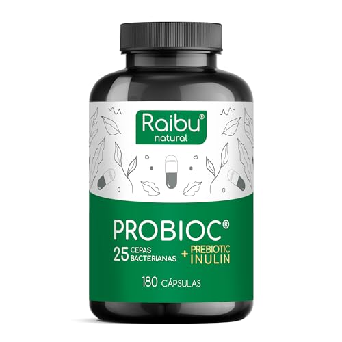 Probióticos y Prebióticos Intestinales - 180 Cápsulas, 25 Cepas Bacterianas + Inulina, 60 Mil Millones de UFC para la Flora Intestinal - Lactobacillus, Bifidobacterium, Máxima Concentración