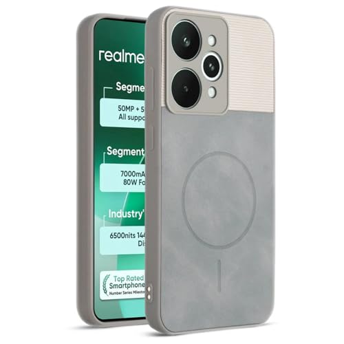 Image of Bintage case Dual-Leather Macc-Safe Design Phone Case| Soft Touch Finish | Full Camera Protectection Back Cover Compatible for Realme RMX5106 /Realme 15 5G - White & Matelic Grey