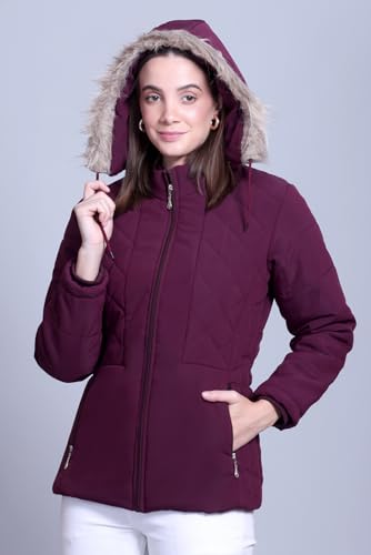 Image of Women's Quilted Winter Puffer Jacket with Fur Hood, Plum Purple, Full Zip