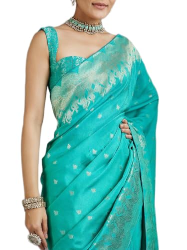 Dhatrika Ethnic turquoise banarasi silk saree in soft silk – image 2