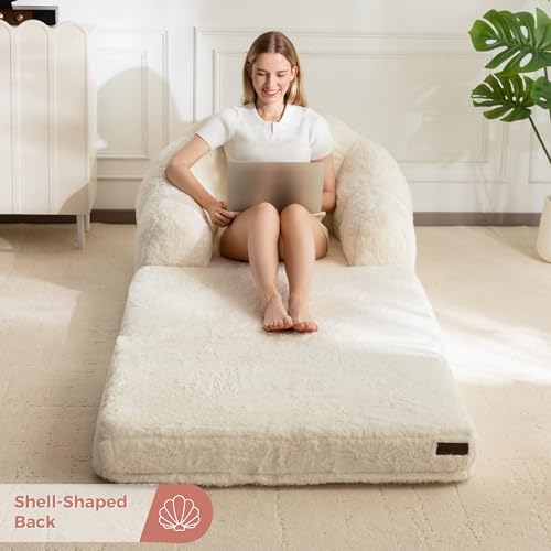 Image of MAXYOYO Folding Sofa Bed, 2 in 1 Convertible Sofa to Lounger Comfy Single Bean Bag Chair for Adults, Floor Couch with Handle, Faux Fur Couch Bed for Living Room Bedroom, Beige