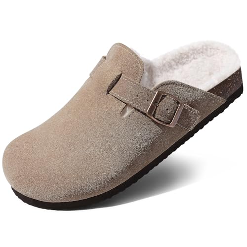 KIDMI Women's Fur Lined Suede Clogs Fuzzy Cork Footbed Mules Slip On Winter Potato Shoes, Taupe 40 (Size 8.5-9)