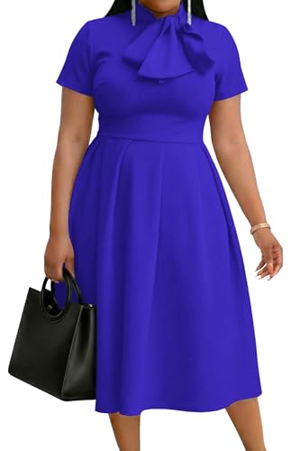 Image of FANDEE Midi Dress for Women Casual Short Sleeve A-line Semi Formal Fit and Flare Dress Classy Tie Neck Work Business Dresses