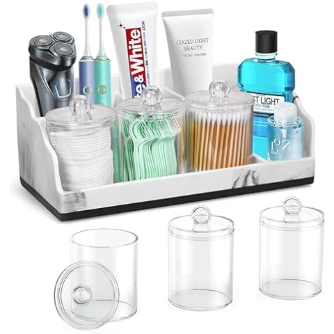 BHeadCat Marble Bathroom Organizers and Storage with 3PCS Qtip Holder Dispenser and Drainage, Toothbrush Holders for Bathroom for Bathroom Counter Organizer Vanity Organizer Storage Cover