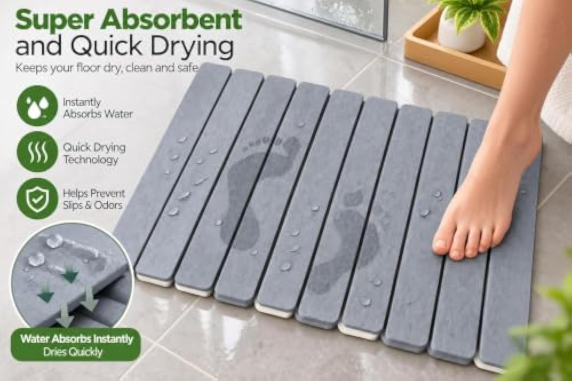 Foldable Diatomaceous Earth Bath Mat, Quick Dry
